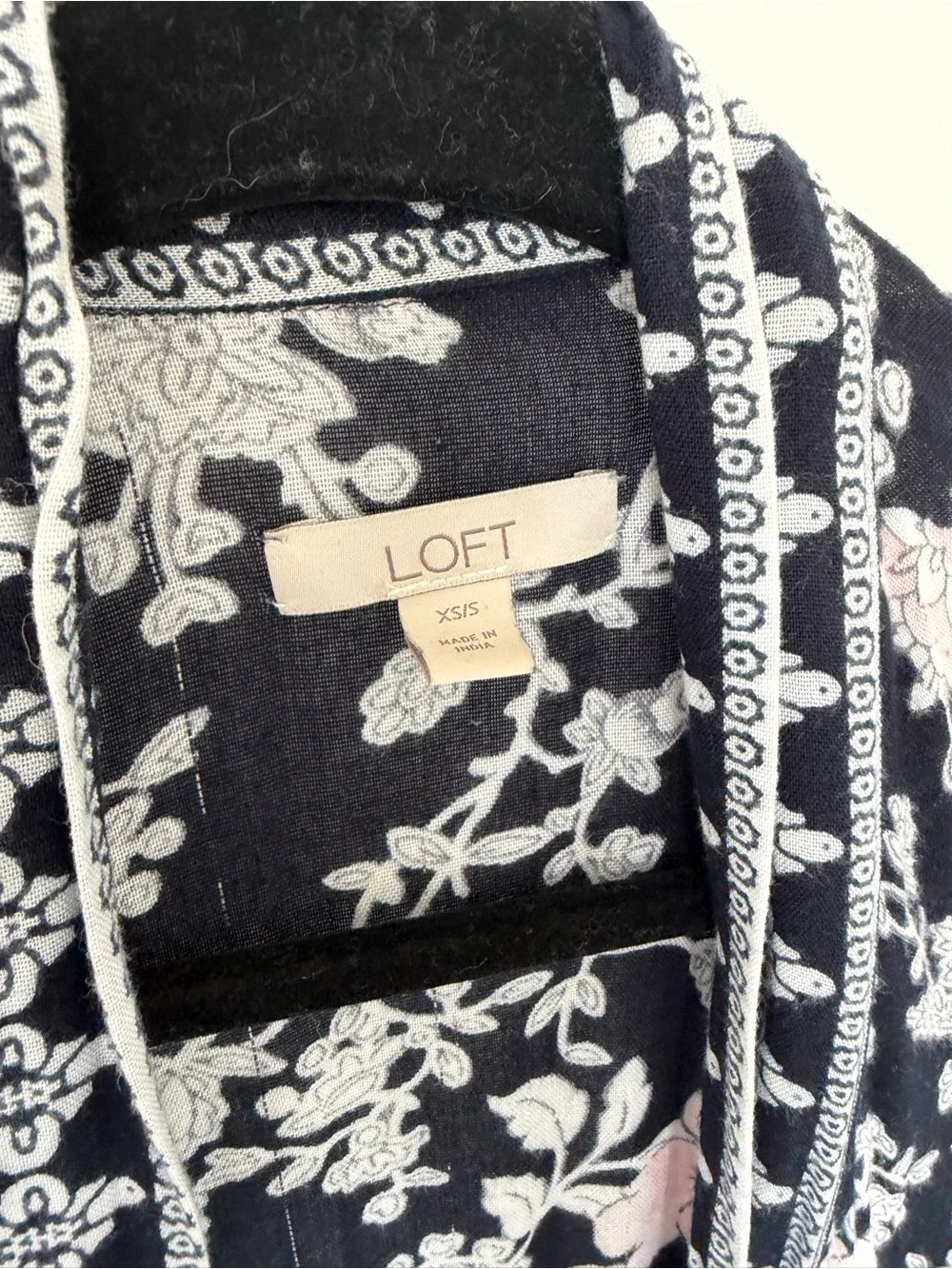 LOFT Black Floral Open-Front Kimono with Pink and White Blooms